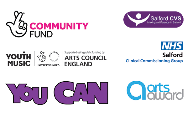 Logos of our funders, The National Lottery Community Fund, Youth Music, and of the National Lottery via Arts Council England, Salford CVS and NHS Salford CCG, Arts Award, and partner You Can.