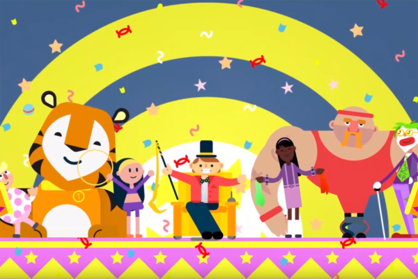 A scene from the animated video showing all of the characters on stage