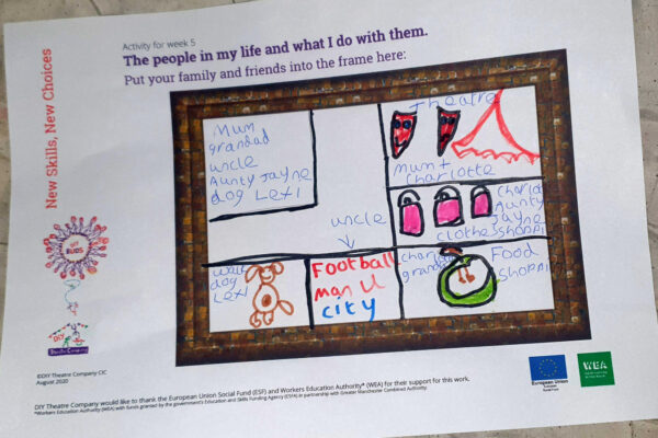 photo of Activity Sheet from week 5 which asks to fill the frame with the people in your life and what you do with them