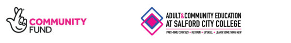 Logos of the National Lottery Community Fund and of Salord City College, Adult and Community Education