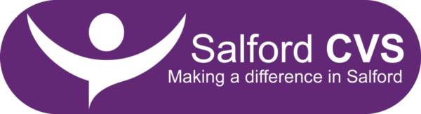 Salford CVS logo which shows a simplified figure in white with their arms raised next to the wording "Salford CVS Making a difference in Salford"