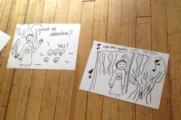 There are pieces of white paper on a wooden floor. both have simple drawings on and some words. The one on the left has a drawing of someone with a big smile on their face and a 'W' on their top. Behind them are drawings of trees and a sign which says 'Woods'. Above them are the words "Want an adventure?" Below the words we can see 5 smiley face drawings with the wod "Yes!" above them.