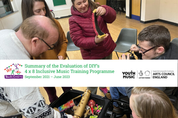 copy of the front cover of the summary evaluation. It shows a photo of peopple picking instruments out of a box with a banner with the title 'Summary Evaluation of DIY's 4 x 8 Inclus Music Training Programme' and a copy of the Youth Music logo