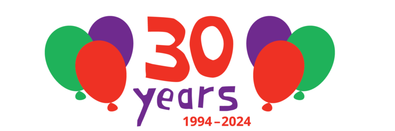 '30 years' in big red and violet letters with 3 balloons on each side. Underneath written smaller '1994-2024'