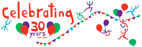 Heading: "Celebrating 30 years" with simple drawings of balloons, bunting and figures in DIY's colours of bright red, green and violet.