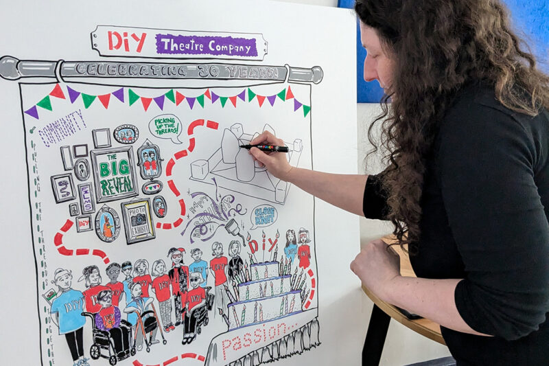 photo: on the right is a woman dressed in black with long dark curly hair. She holds a pen and is drawing on a large sheet of paper. It looks like she has nearly finished the picture - it is a cartoon style image which includes figures with red and blue t-shirts with 'DIY' on, a huge multi-layered cake, bunting and the words 'Celebrating 30 years'