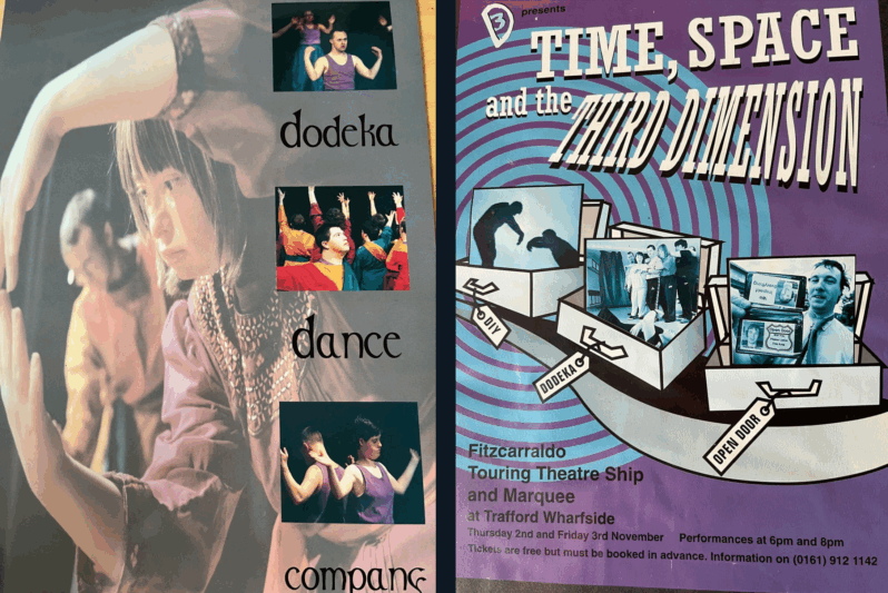 A split promotional image. The left side features a poster for Dodeka Dance Company showing a young woman in a magenta costume focused intently as she shapes her hands into a circular form. Three smaller photos to the right show inclusive dancers in expressive poses. The text reads “dodeka dance company.” On the right side, a vibrant purple and blue poster for Time, Space and the Third Dimension shows a graphic of boxes on a winding path labeled DIY, Dodeka, and Open Door. Each box contains black-and-white performance or workshop images. The event is staged on the Fitzcarraldo Touring Theatre Ship and Marquee at Trafford Wharfside.